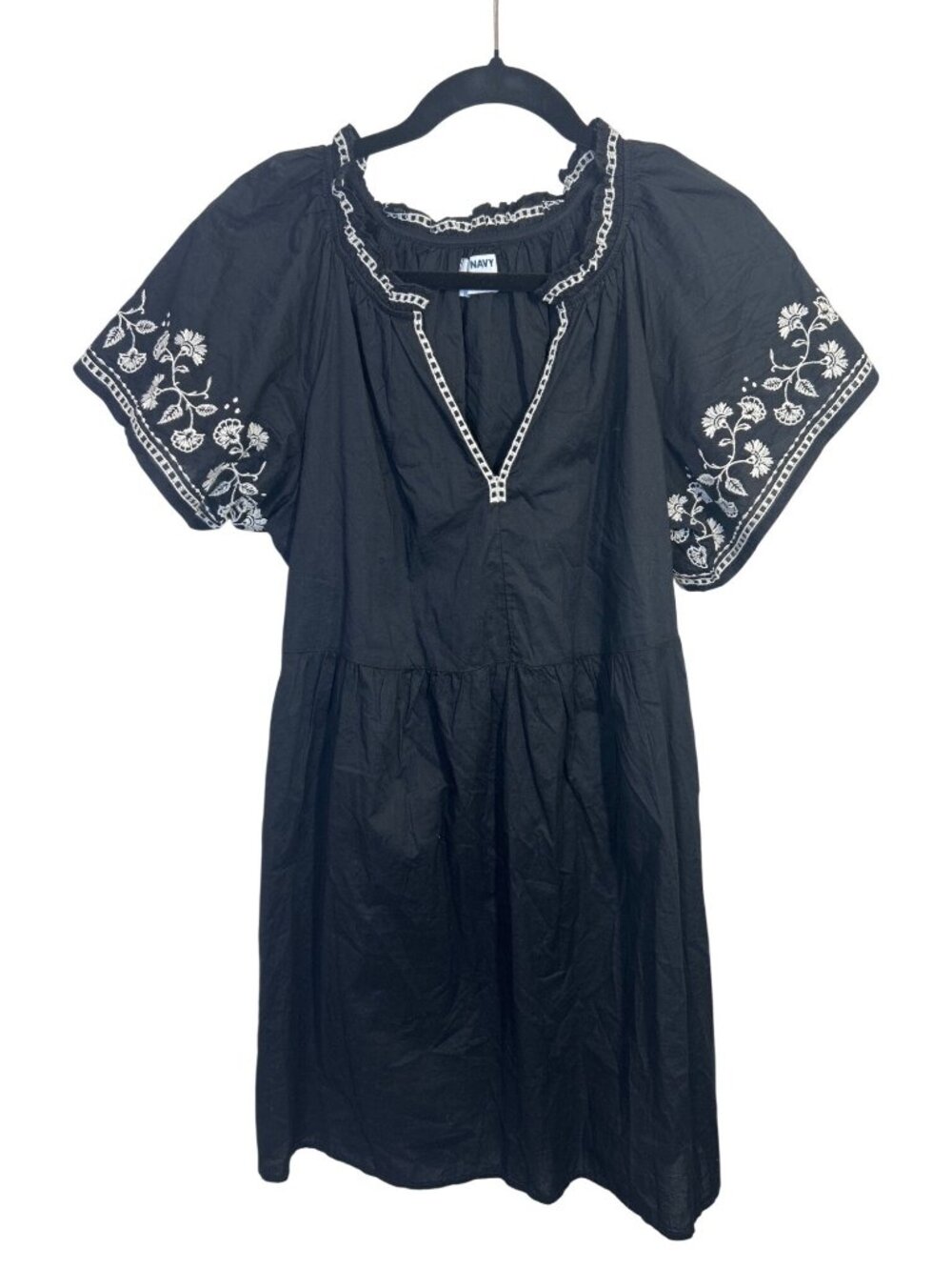 Old Navy Women's S Black Embroidered Floral Mini Swing Dress Boho Peasant